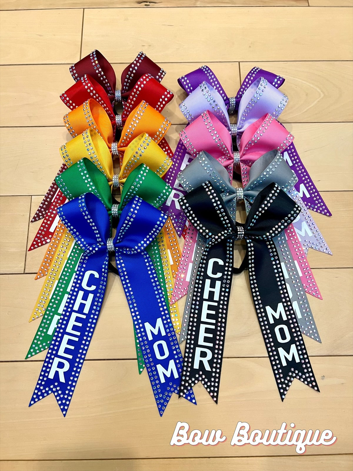 Rhinestone “Cheer Mom” Collegiate Ribbon Bows